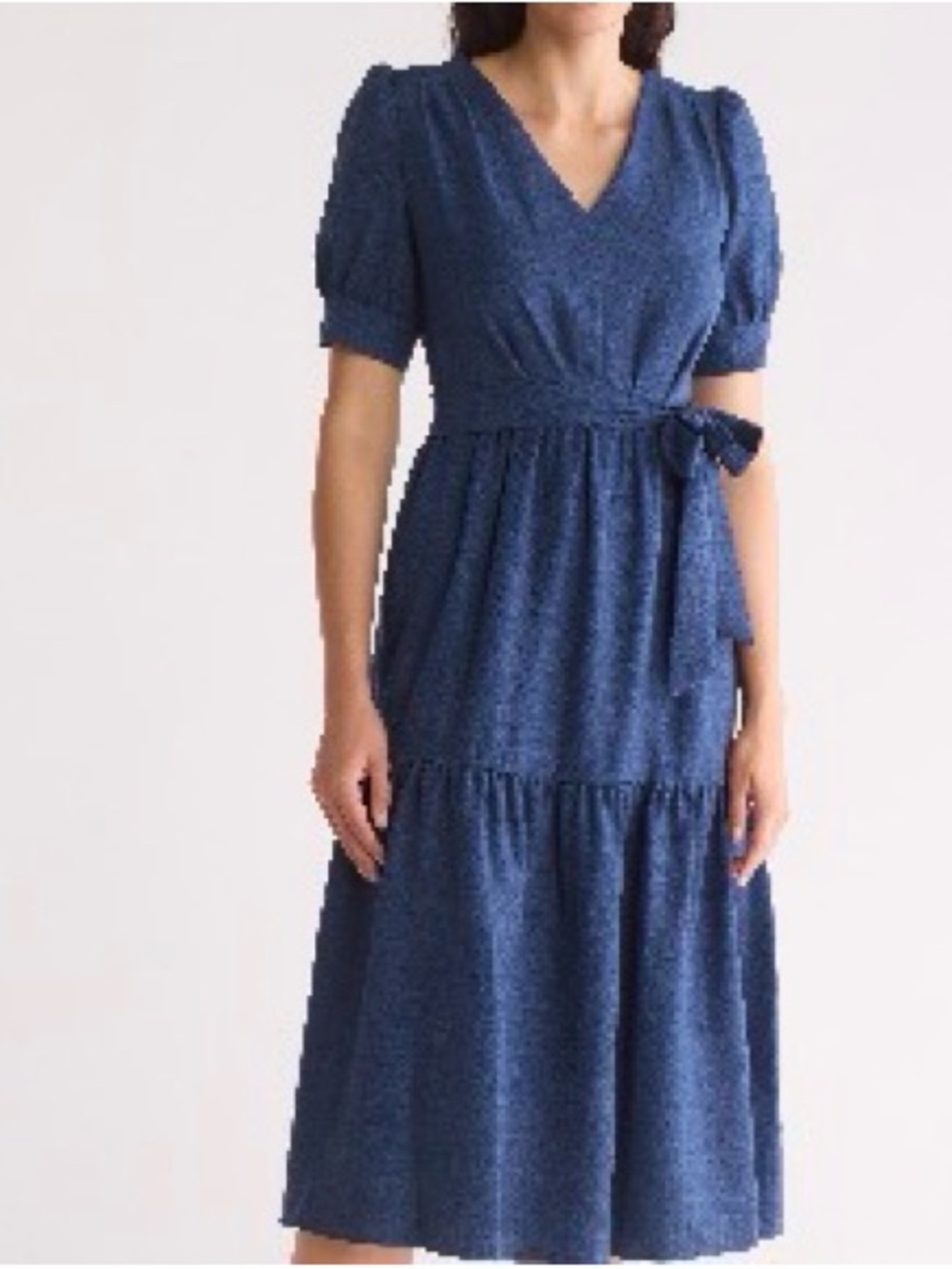DKNY indigo Blue V-Neck Tiered Midi Dress with Tie Waist